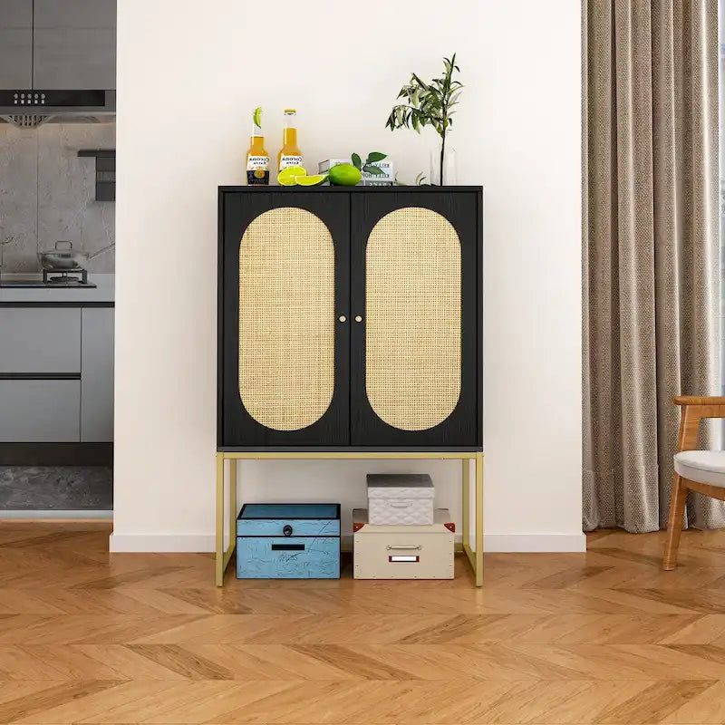 Meuble bas 2 portes, Meuble haut 2 portes en rotin, Étagère intégrée réglable, Montage facile, Meuble sur pied pour salon