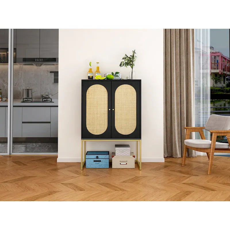 Meuble bas 2 portes, Meuble haut 2 portes en rotin, Étagère intégrée réglable, Montage facile, Meuble sur pied pour salon