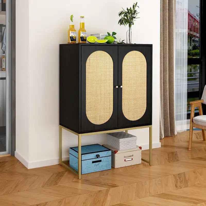 Meuble bas 2 portes, Meuble haut 2 portes en rotin, Étagère intégrée réglable, Montage facile, Meuble sur pied pour salon
