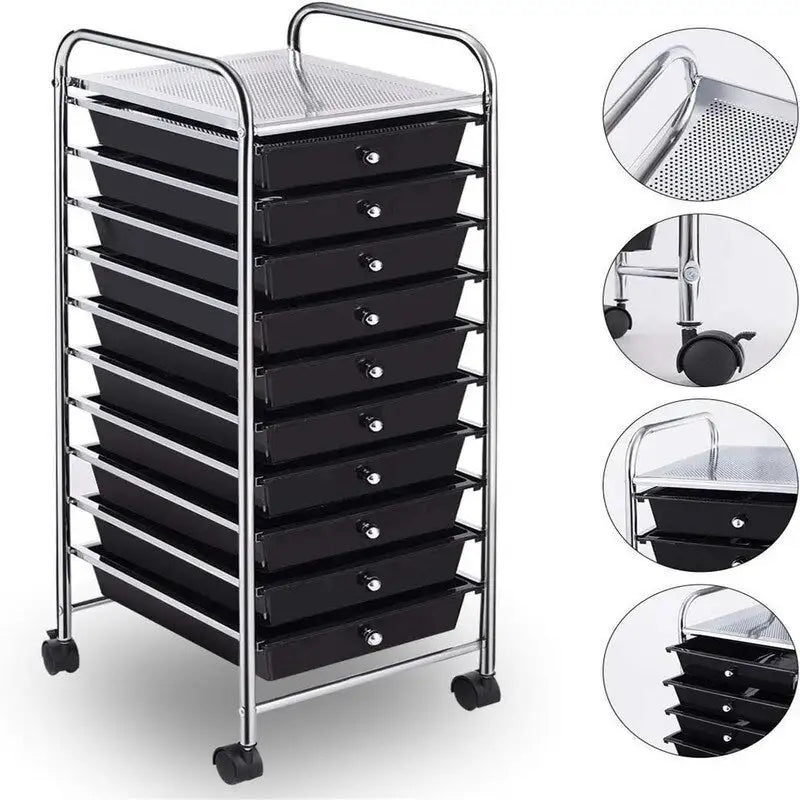 Chariot de rangement à 10 tiroirs sur roulettes – 15P x 13L x 34H