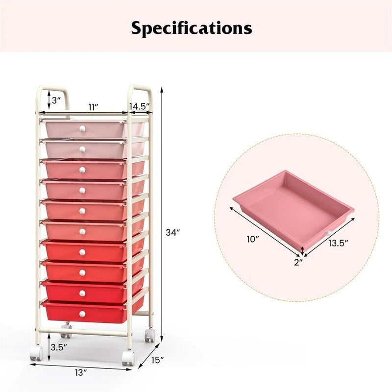 Chariot de rangement à 10 tiroirs sur roulettes – 15P x 13L x 34H