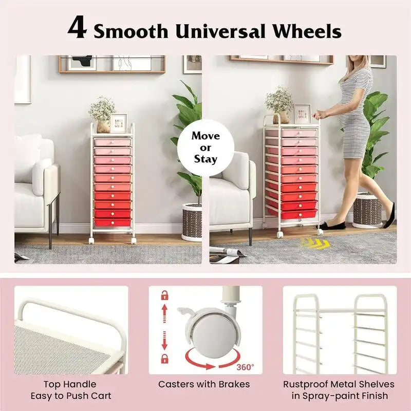 Chariot de rangement à 10 tiroirs sur roulettes – 15P x 13L x 34H