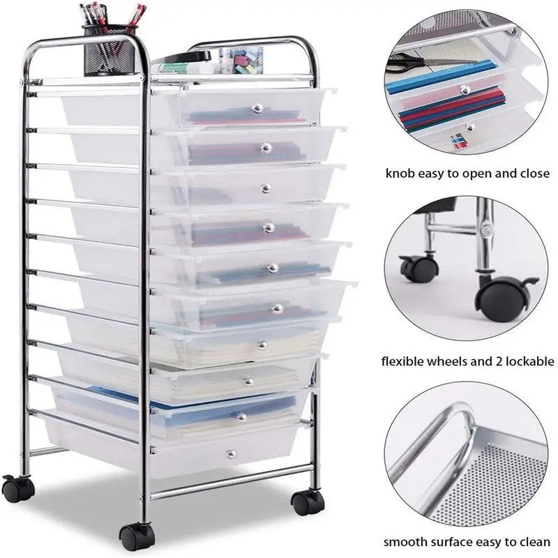 Chariot de rangement à 10 tiroirs sur roulettes – 15P x 13L x 34H