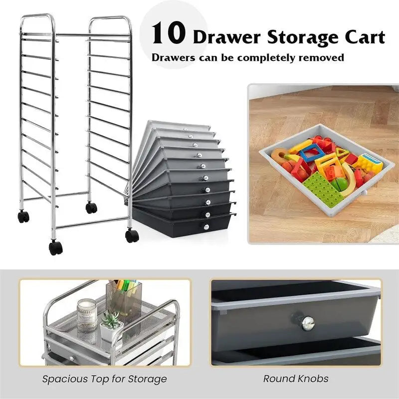 Chariot de rangement à 10 tiroirs sur roulettes – 15P x 13L x 34H