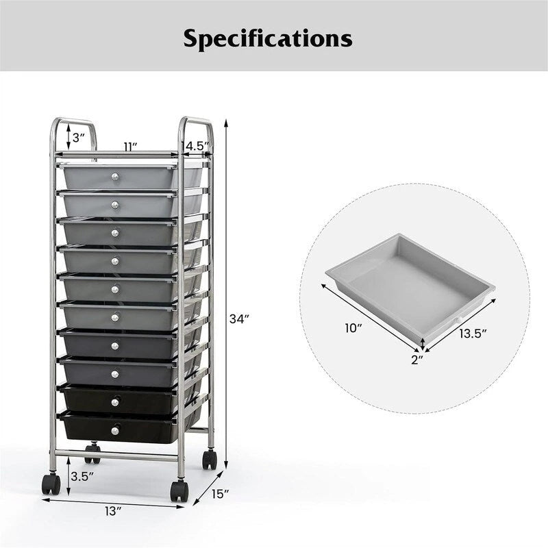 Chariot de rangement à 10 tiroirs sur roulettes – 15P x 13L x 34H