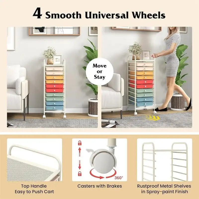 Chariot de rangement à 10 tiroirs sur roulettes – 15P x 13L x 34H