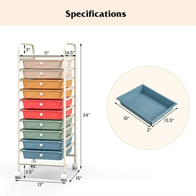 Chariot de rangement à 10 tiroirs sur roulettes – 15P x 13L x 34H