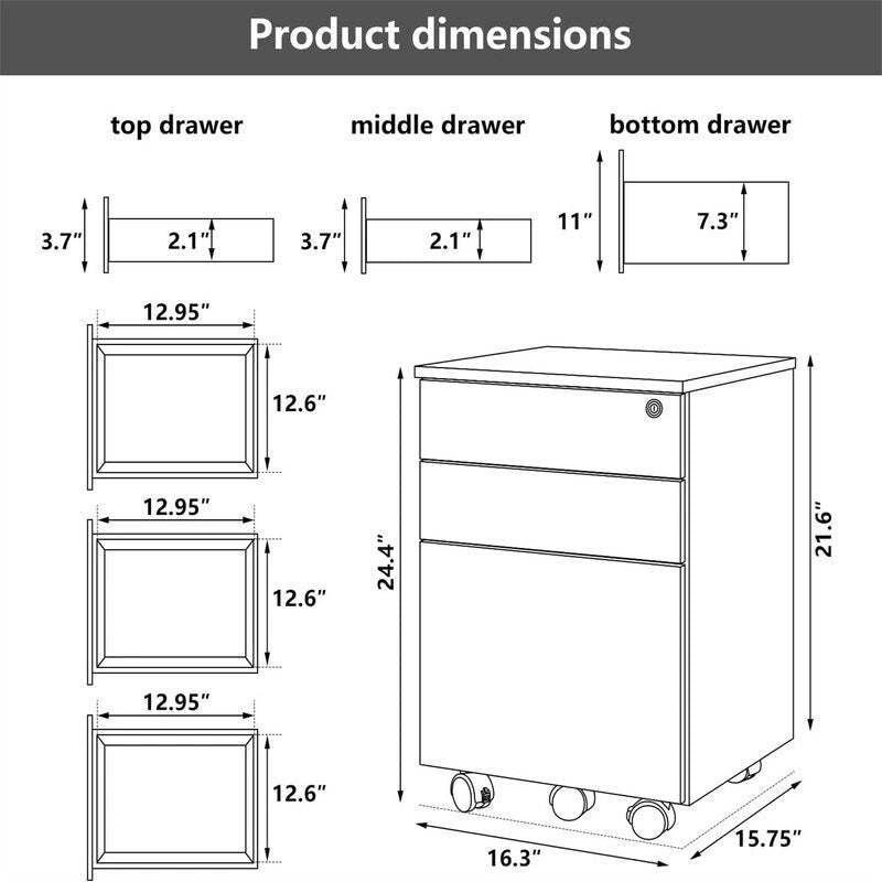 Caisson de classement mobile en bois à 3 tiroirs - 15,7P x 16,3L x 24,4H