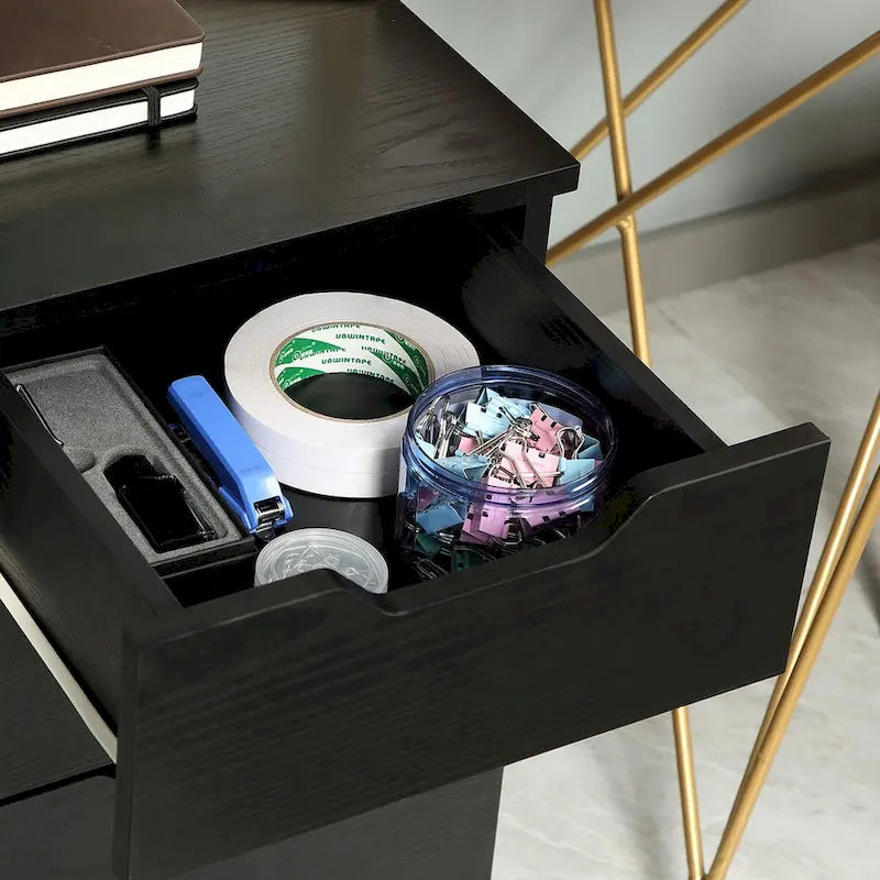 Meuble de rangement de bureau à 3 tiroirs, meuble bas de bureau avec roulettes, grain de bois noir