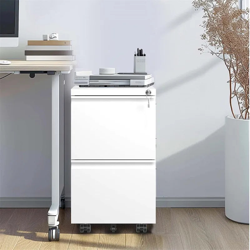 Meuble classeur mobile en métal à 2 tiroirs, meuble de rangement à roulettes avec serrure