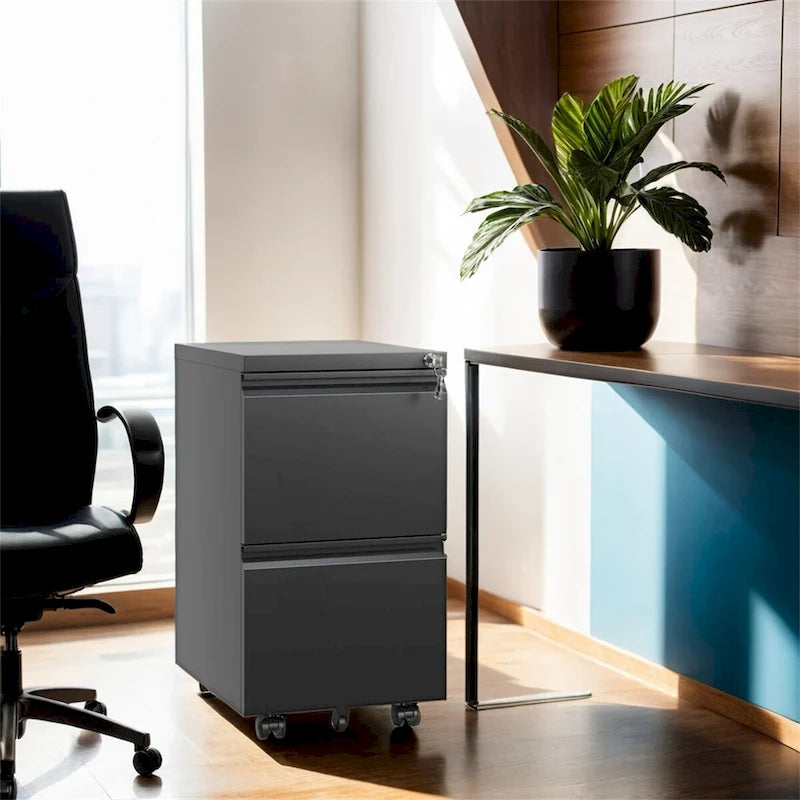 Meuble classeur mobile en métal à 2 tiroirs, meuble de rangement à roulettes avec serrure