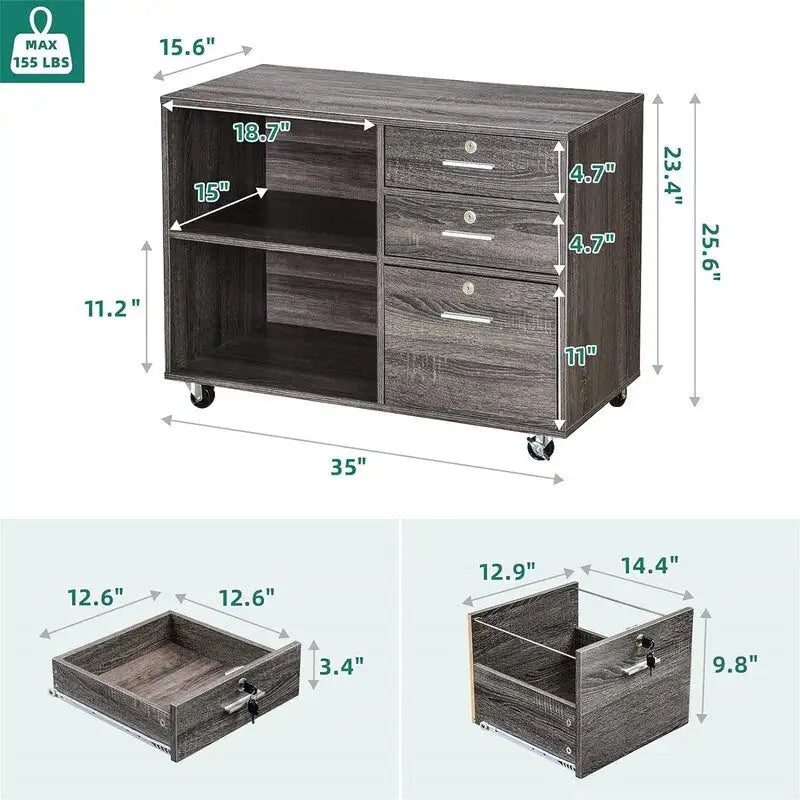 Classeur latéral mobile à 3 tiroirs - 15,6P x 35L x 25,6H
