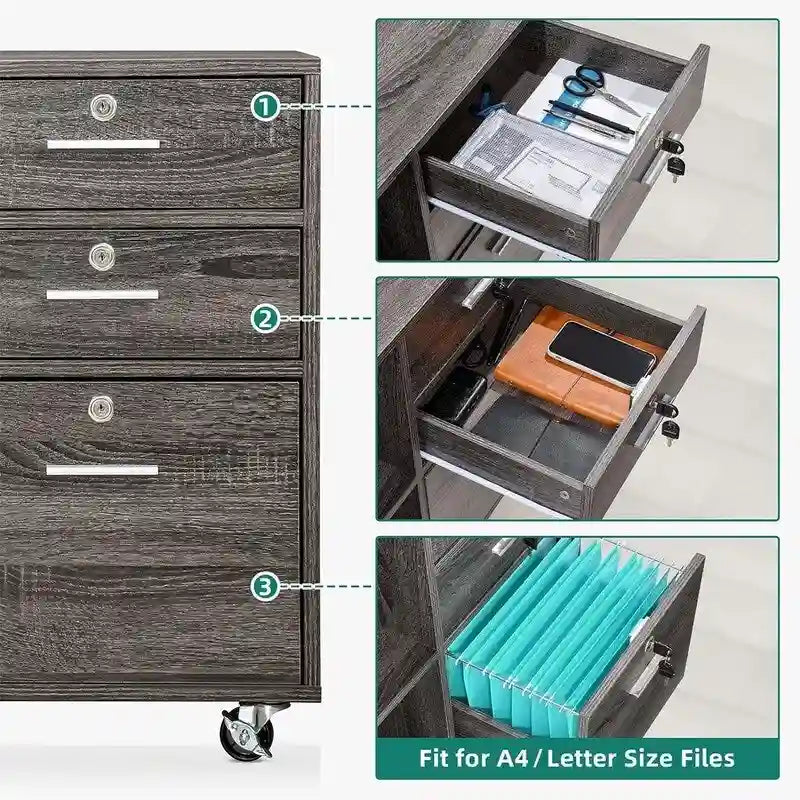 Classeur latéral mobile à 3 tiroirs - 15,6P x 35L x 25,6H