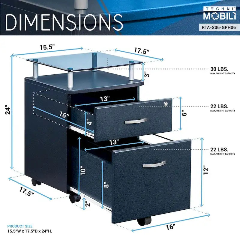 Classeur à roulettes avec plateau en verre, Haute qualité et durable, Graphite