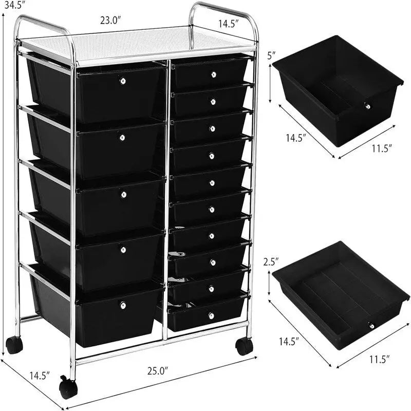 Chariot de rangement à 15 tiroirs - 14.5P x 25L x 34.5H