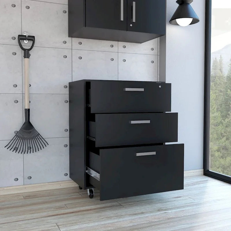 Commode rectangulaire 3 tiroirs Medford avec roulettes, noir wengé