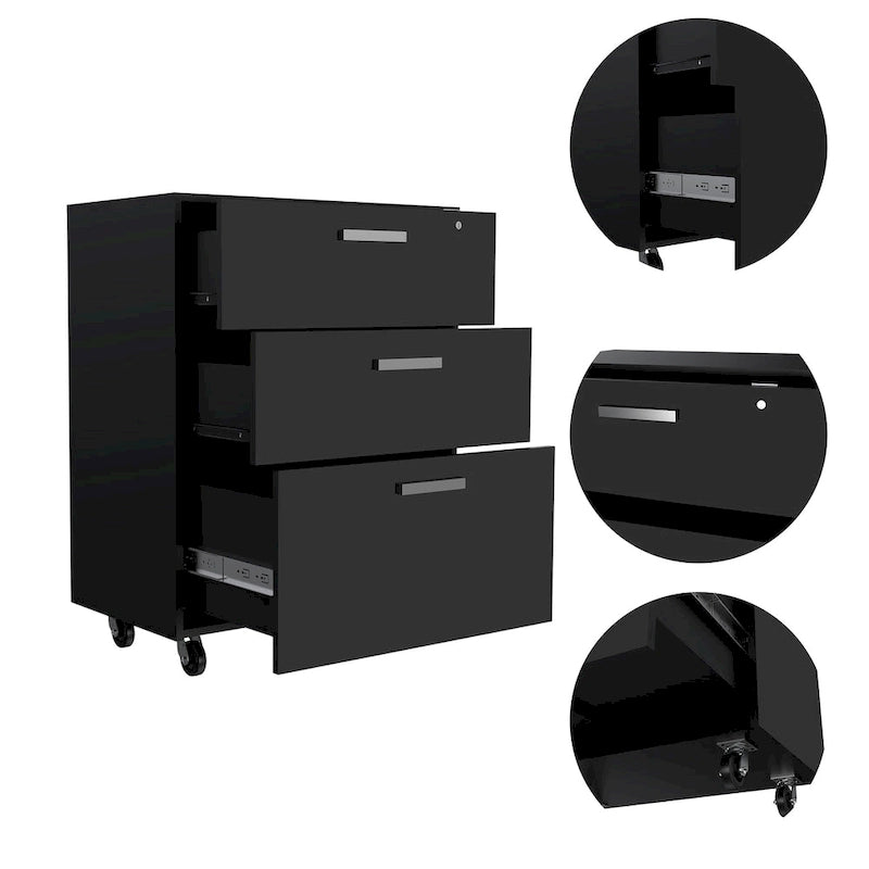 Commode rectangulaire 3 tiroirs Medford avec roulettes, noir wengé