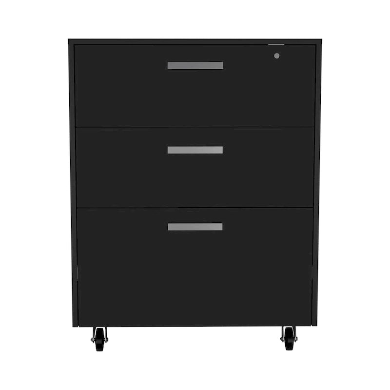 Commode rectangulaire 3 tiroirs Medford avec roulettes, noir wengé