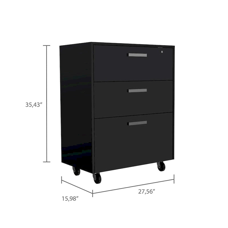 Commode rectangulaire 3 tiroirs Medford avec roulettes, noir wengé
