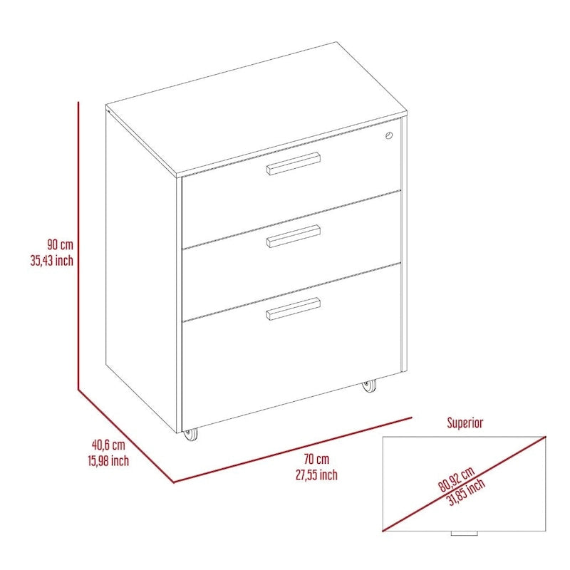 Commode rectangulaire 3 tiroirs Medford avec roulettes, noir wengé