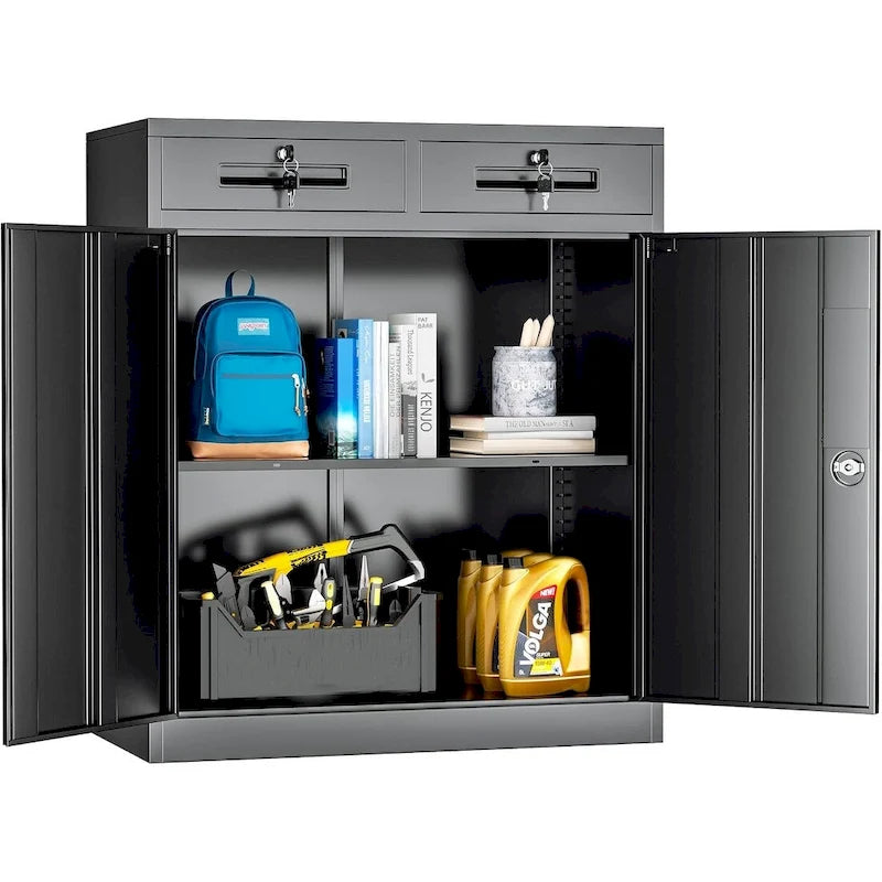 Armoire de rangement de garage en métal verrouillable de 91,4 cm avec 2 tiroirs et étagères réglables