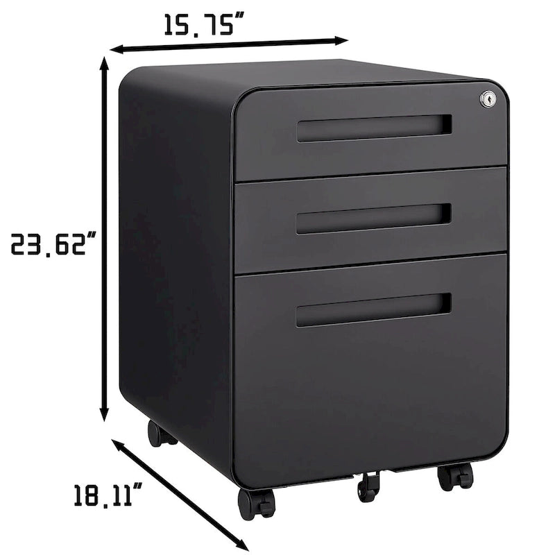 Classeur mobile à 3 tiroirs, meuble polyvalent, 5 roulettes anti-basculement en acier laminé à froid, étanche et résistant à l'humidité, noir