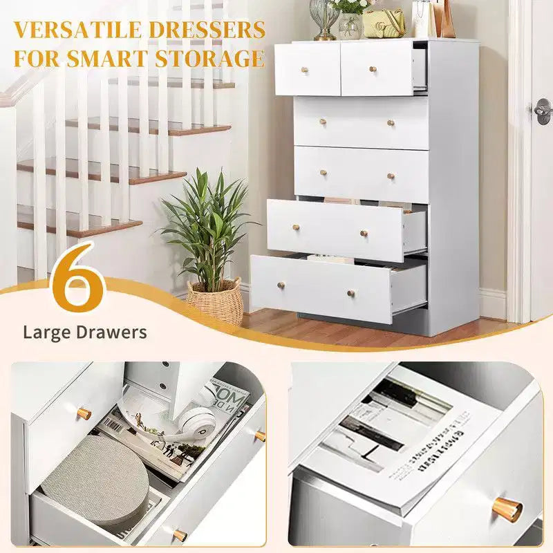 Grande commode à 6 tiroirs Karl Home pour chambre à coucher et commode à tiroirs avec construction robuste en bois, organisateur de rangement pour placard, en blanc