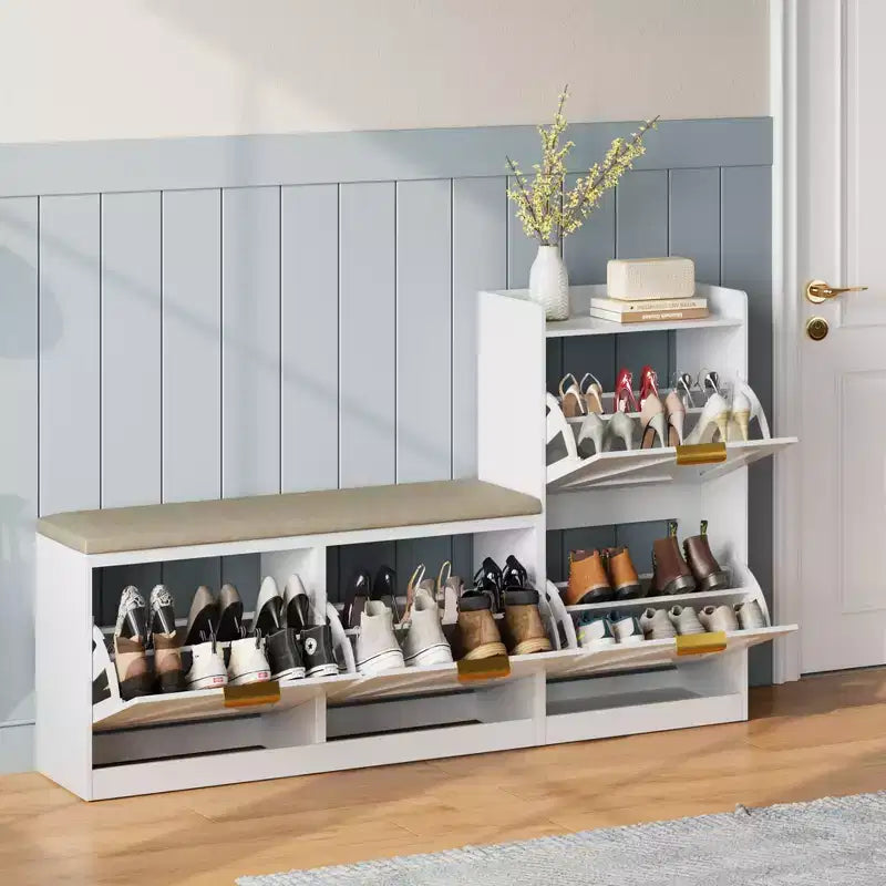 Meuble à chaussures de ferme avec banc, organisateur de rangement de chaussures d'entrée avec 4 tiroirs à abattant et siège rembourré confortable, banc à chaussures autoportant